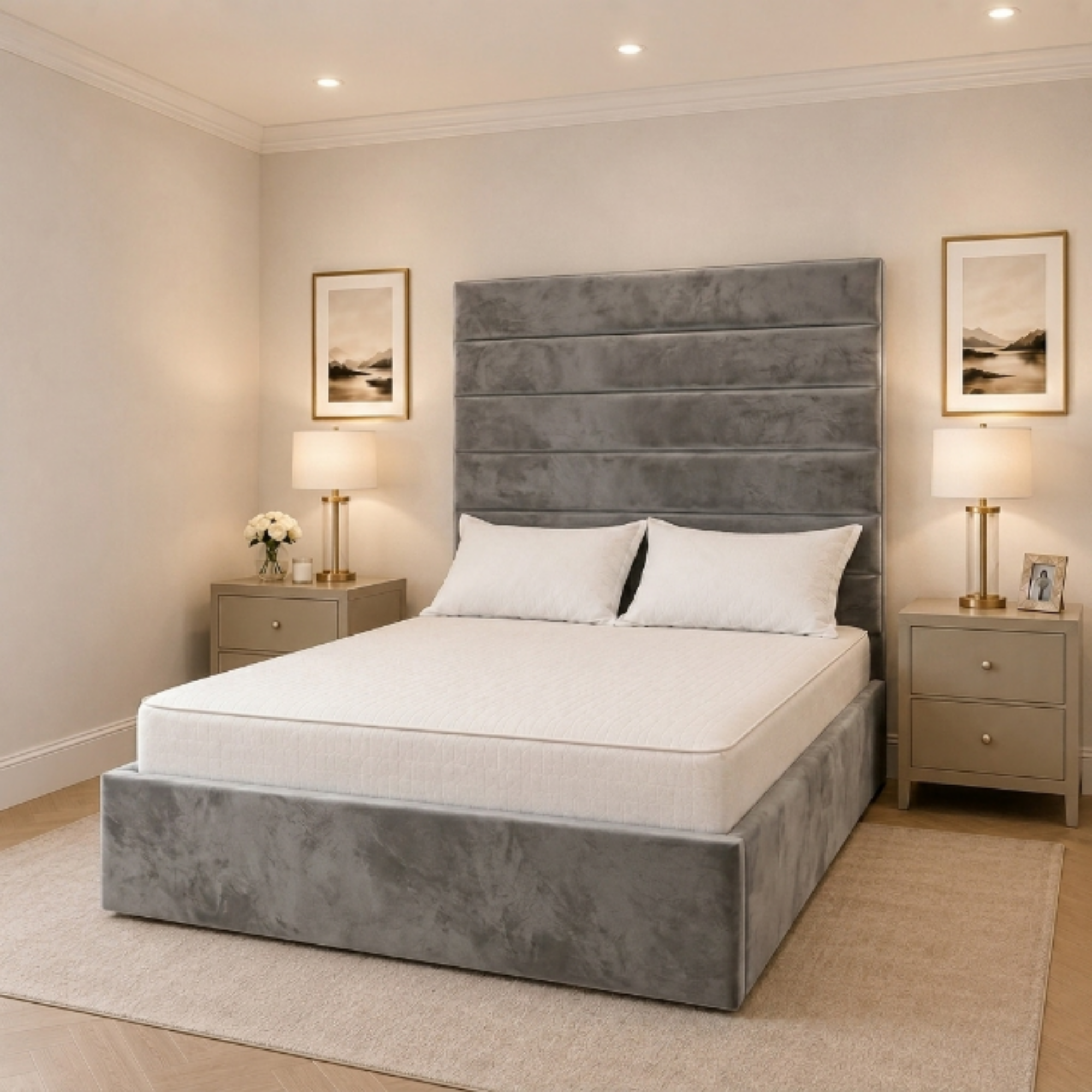 Horizontal Line Tall Headboard Bed