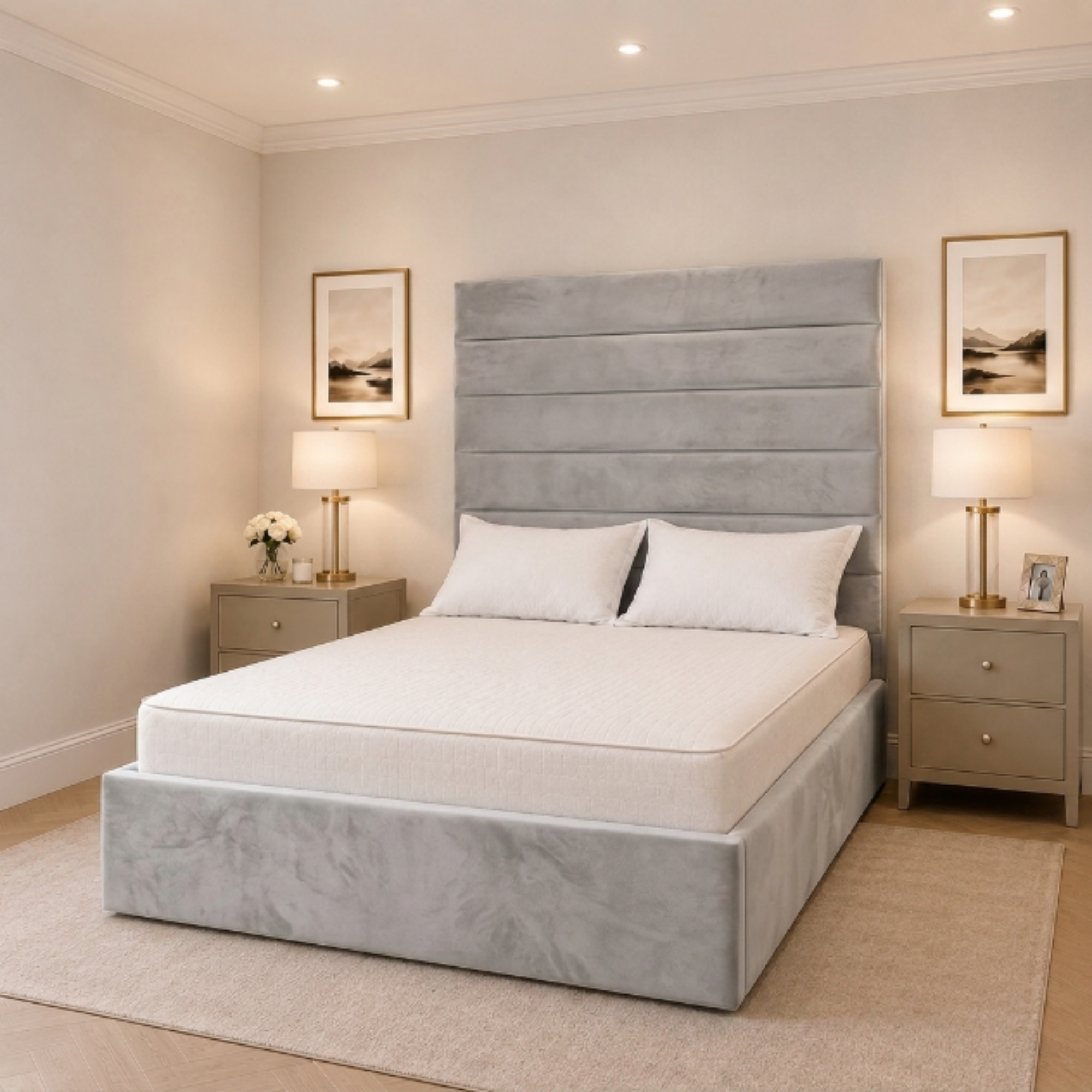 Horizontal Line Tall Headboard Bed