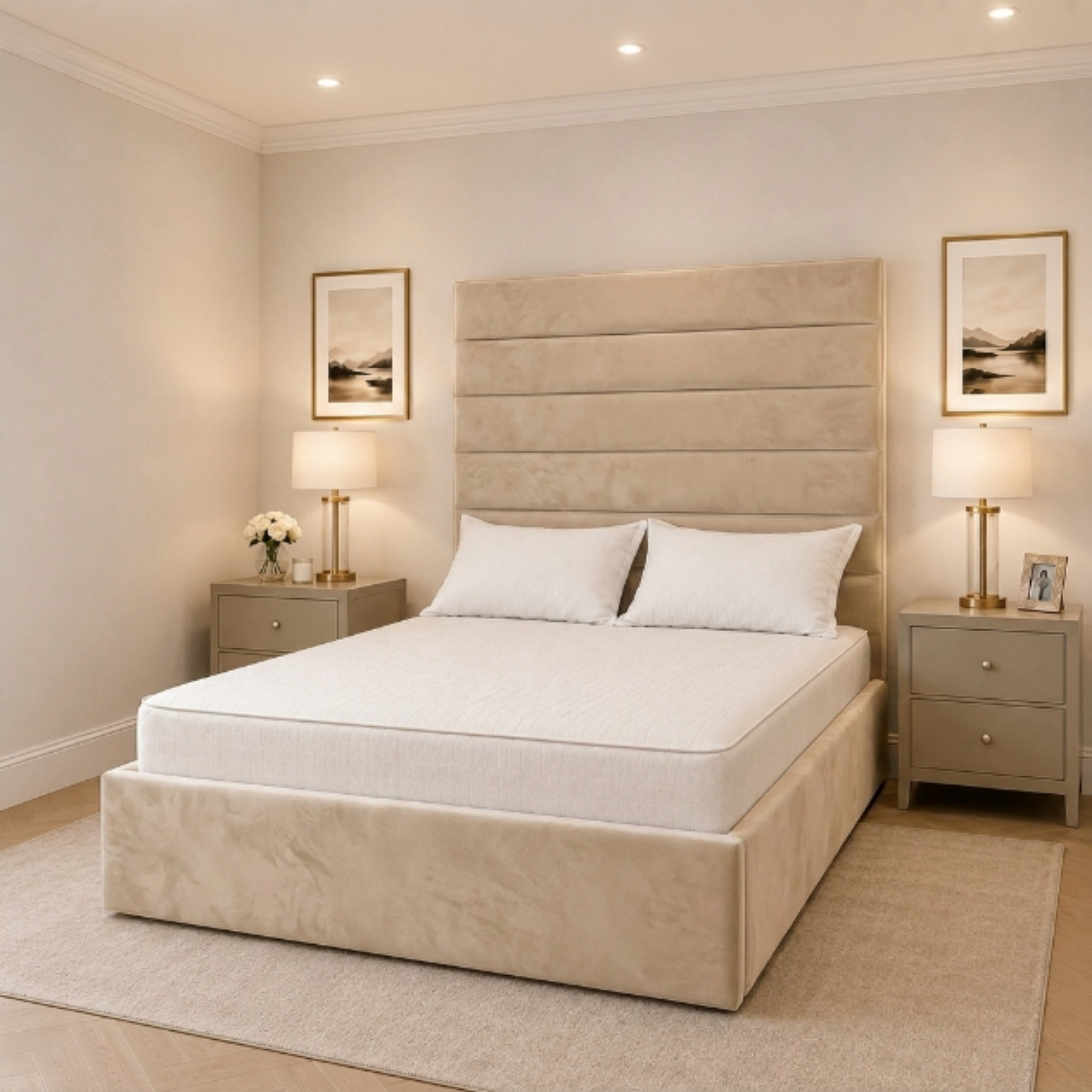 Horizontal Line Tall Headboard Bed