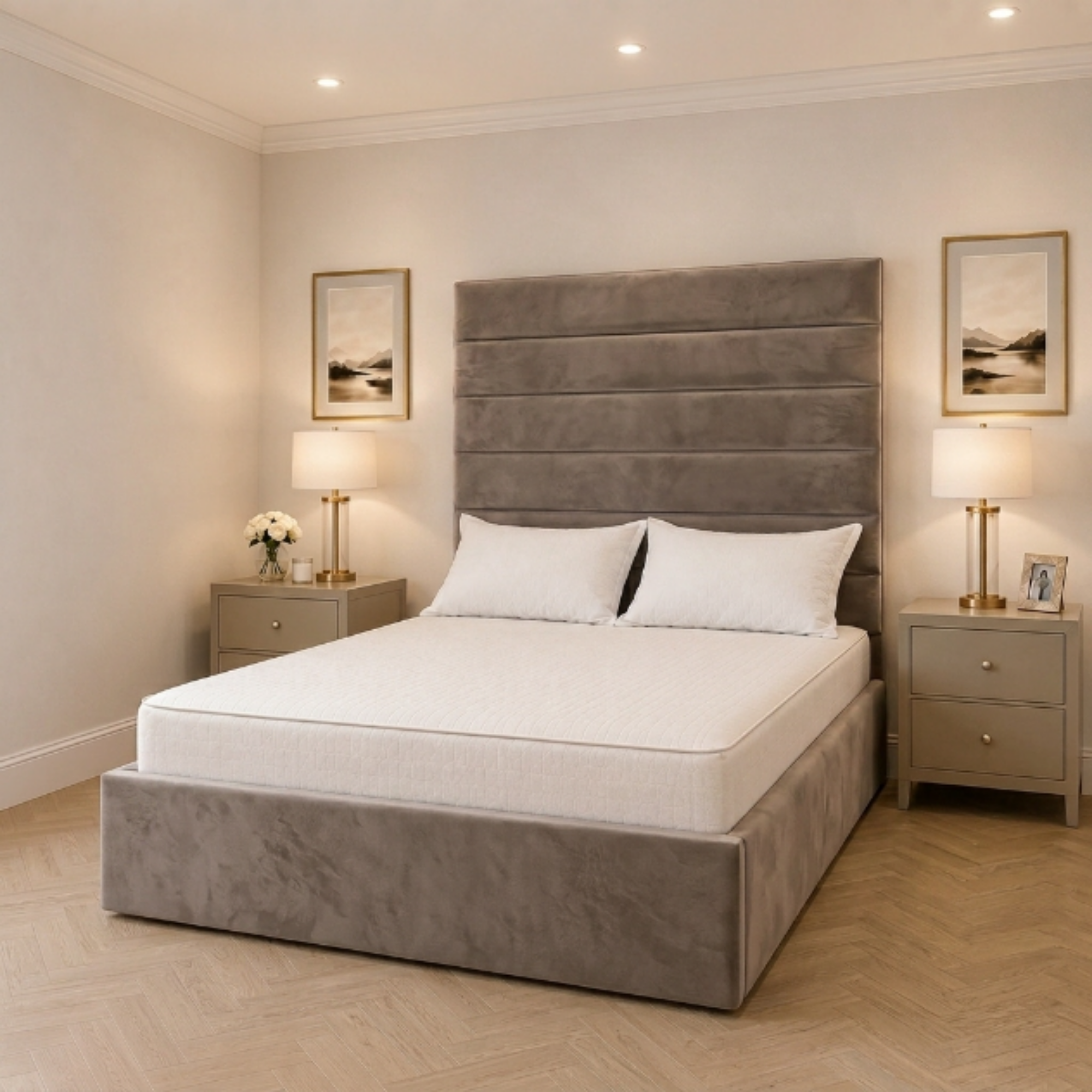 Horizontal Line Tall Headboard Bed