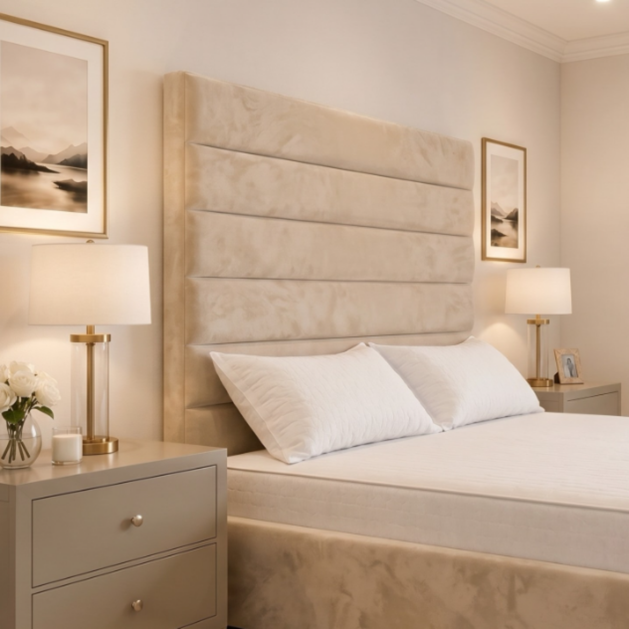 Horizontal Line Tall Headboard Bed