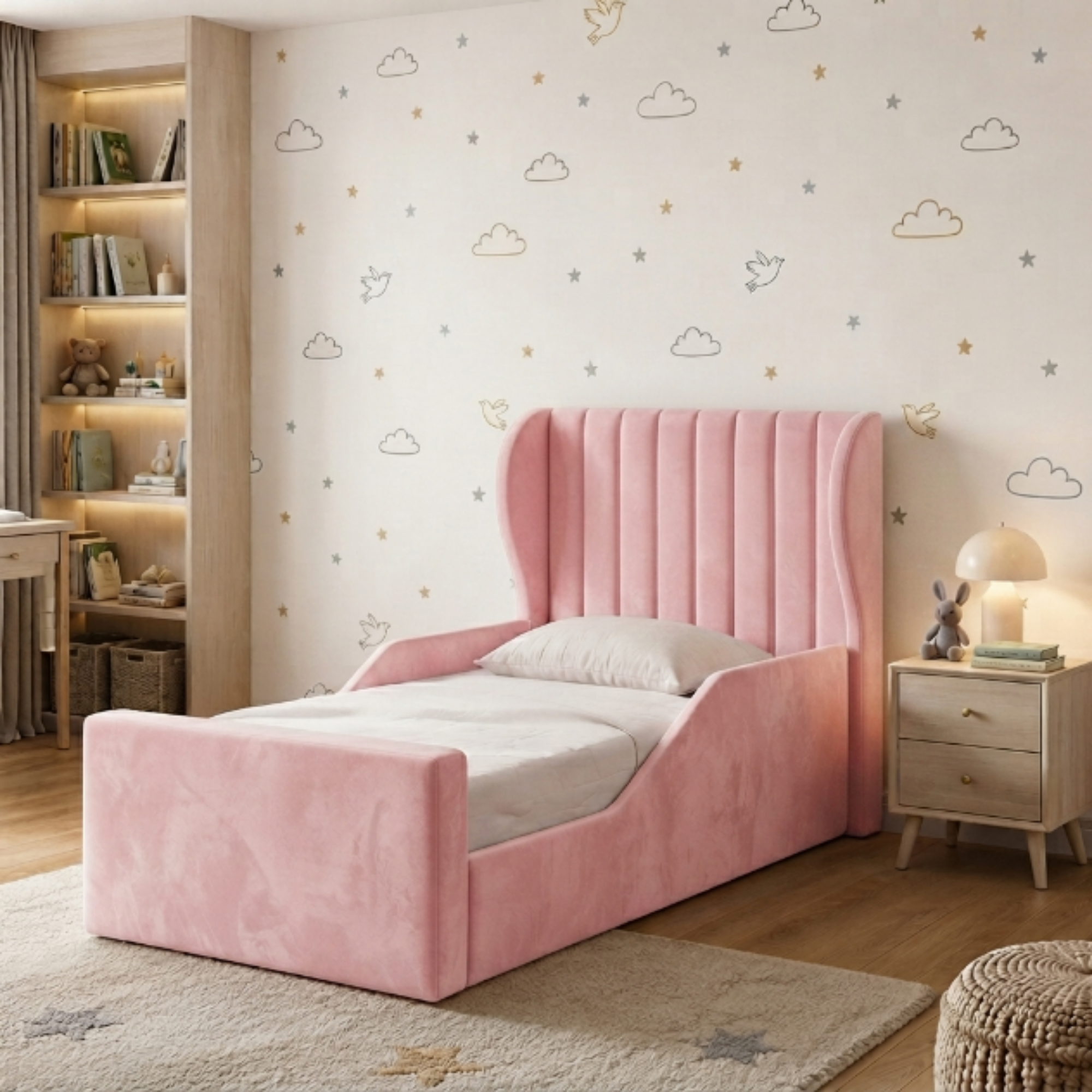 Fluted Wingback Ottoman Kids Bed