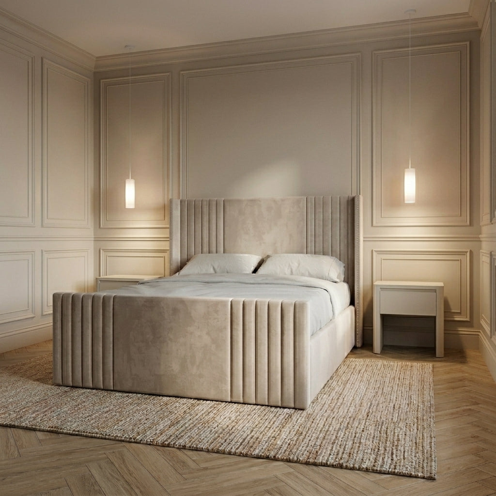 Line Chester Bed, buttoned panel upholstered ottoman storage bed by Legend Beds, styled in a bedroom