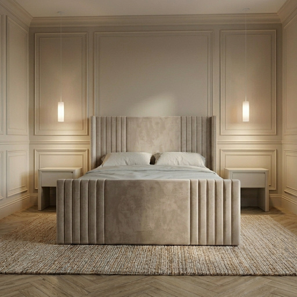 Line Chester Bed, made up with pillows and bedding