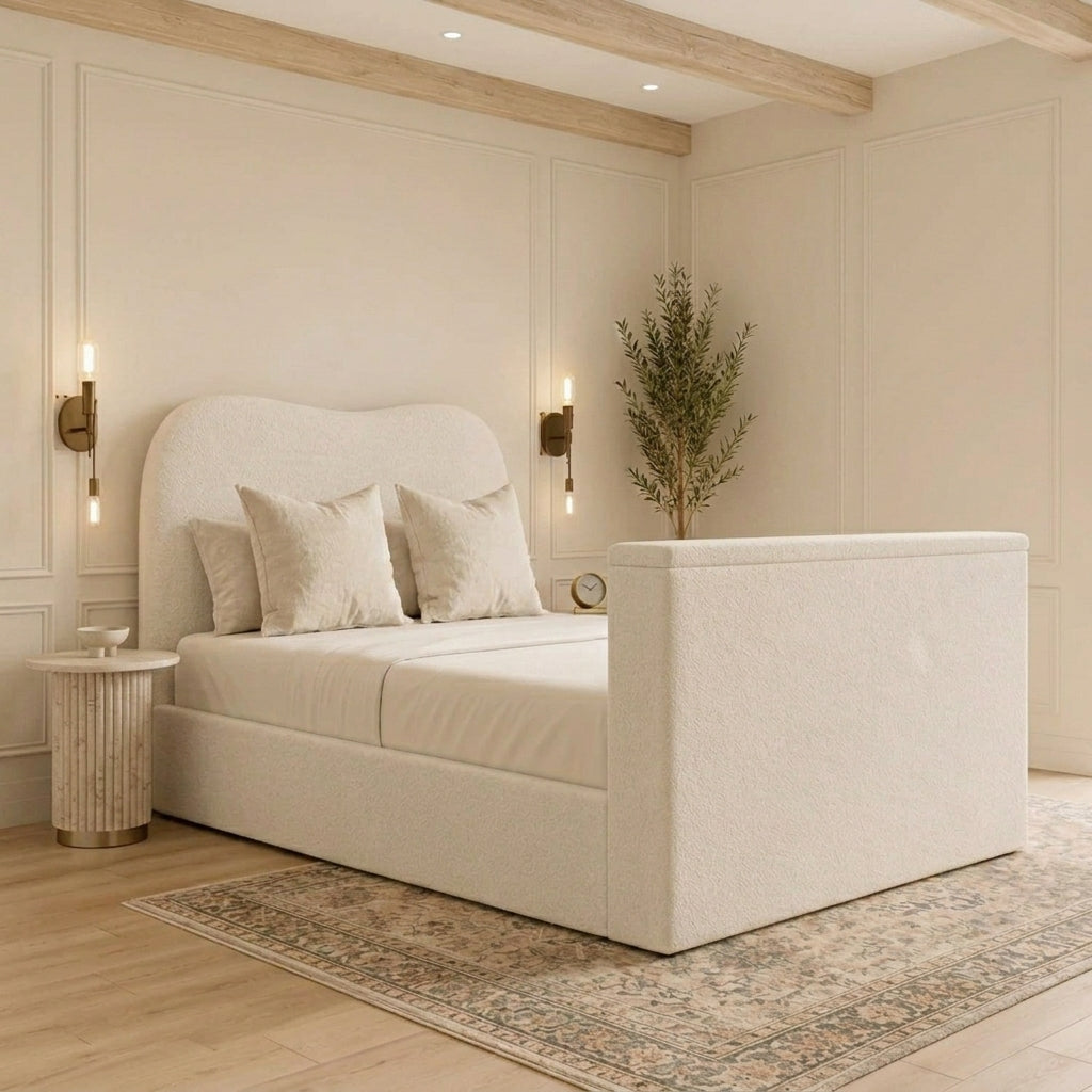 Aurora Bouclé TV Bed, teddy bouclé TV bed by Legend Beds, styled in a bedroom