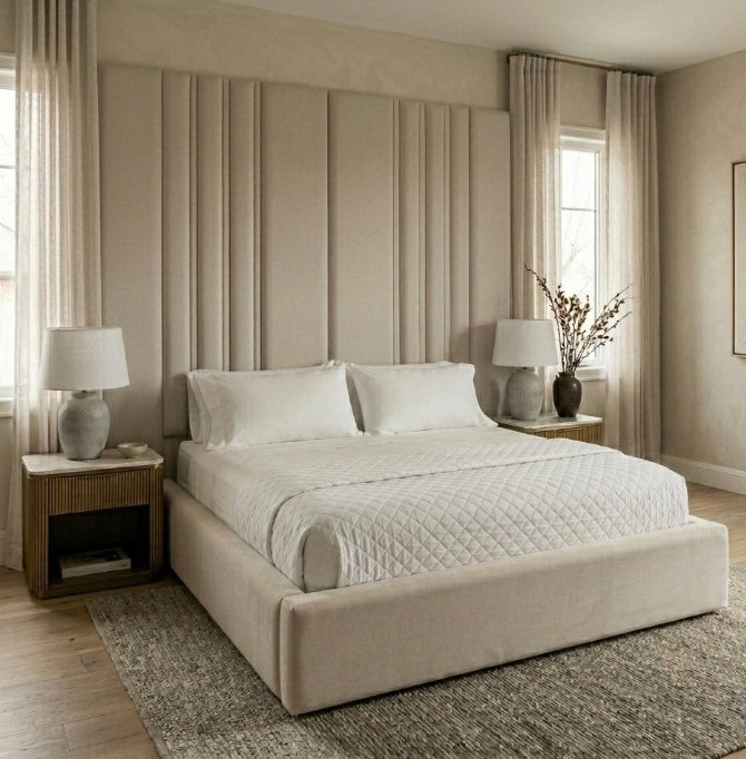 Alphano Bed, tall headboard ottoman bed by Legend Beds, styled in a bedroom